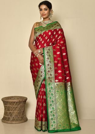 Red Zari Woven Saree In Banarasi Silk