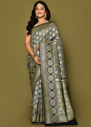 Grey Zari Woven Saree In Banarasi Silk