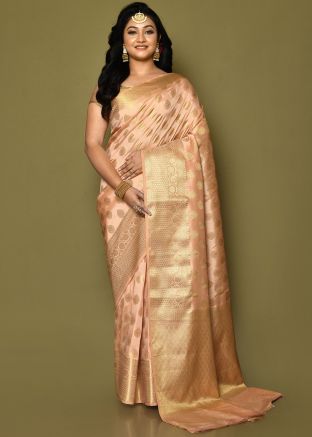 Peach Zari Woven Saree In Banarasi Silk
