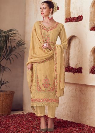 Yellow Embroidered Suit Set For Festive