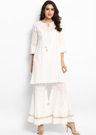 White Readymade Rayon Gota Patti Laced Kurti