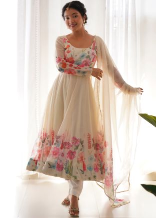 Indian Clothes Online- Readymade Cream Floral Printed Anarkali Suit