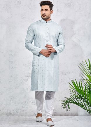 Readymade Light Blue Woven Kurta With Churidar