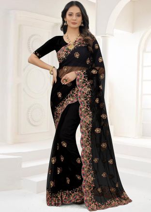 Black Resham Embroidered Net Saree