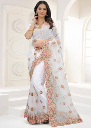 White Net Saree In Resham Embroidery