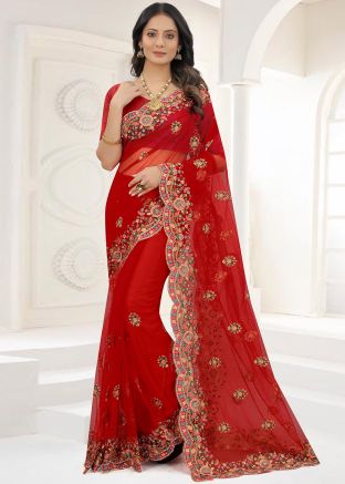 Red Embroidered Saree In Net