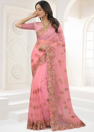Pink Resham Work Net Saree
