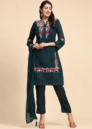 Green Embroidered Georgette Pant Suit Set