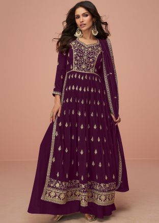 Purple Embroidered Art Silk Salwar Suit