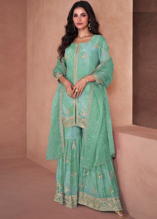 Pastel Green Readymade Digital Print Gharara Suit