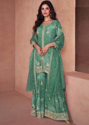 Green Readymade Digital Print Gharara Suit Set