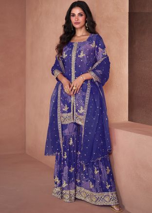 Blue Readymade Digital Print Gharara Suit Set