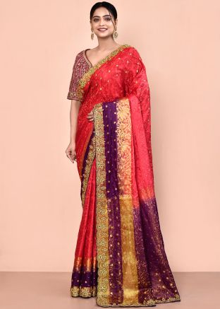 Red & Purple Handwork Saree In Kanjivaram Silk