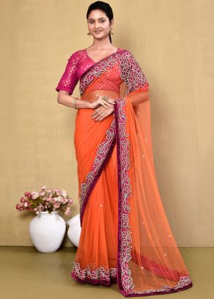 Orange Handwork Saree In Net