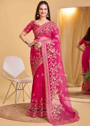 Pink Embroidered Saree In Net