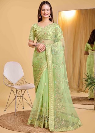 Green Embroidered Saree In Net