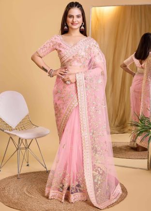 Pink Embroidered Saree In Net