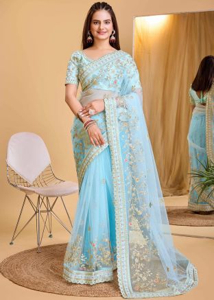 Blue Embroidered Saree In Net