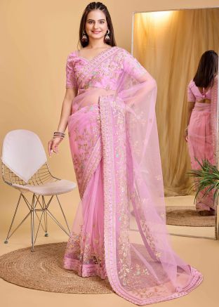 Pink Embroidered Saree In Net
