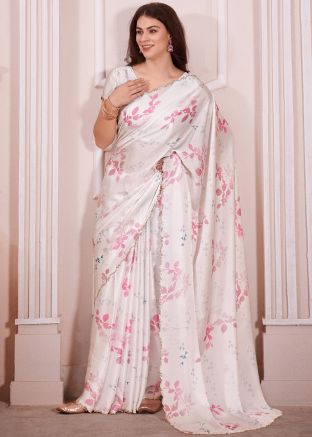 Cream Digital Printed Saree In Satin