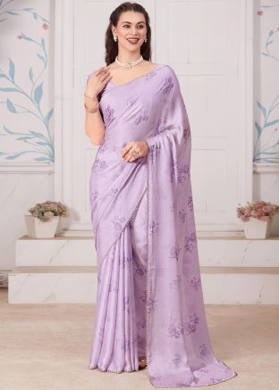 Purple Digital Printed Saree In Satin