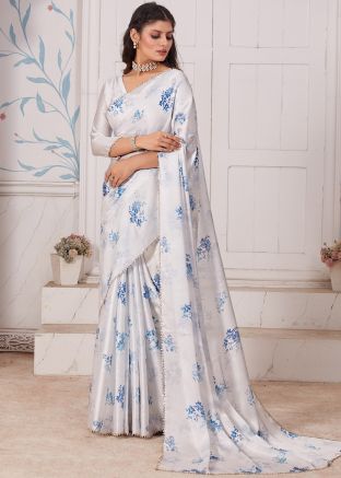 White Digital Printed Saree In Satin