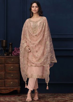Peach Embroidered Salwar Suit In Organza