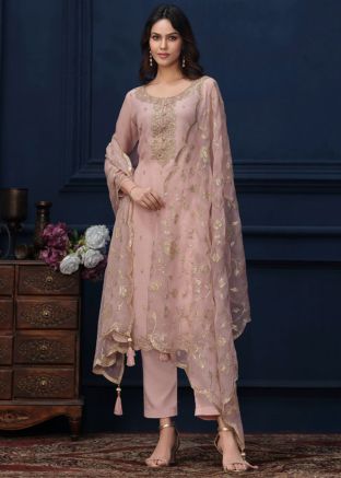 Pink Sequins Embroidered Pant Suit Set