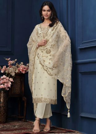 Cream Organza Embroidered Salwar Suit Set