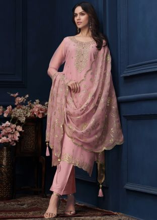 Pink Sequins Embroidered Pant Suit Set