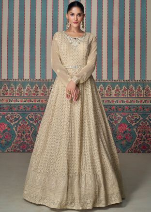 Beige Readymade Embroidered Abaya Suit In Georgette