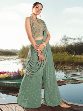 Green Embroidered Top With Palazzo & Dupatta
