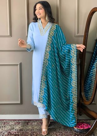 Blue Embroidered Salwar Suit Set In Viscose