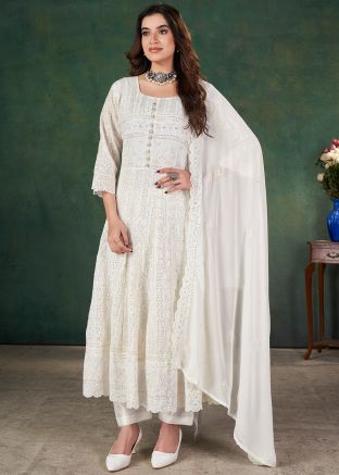 Off White Embroidered Anarkali Salwar Suit Set