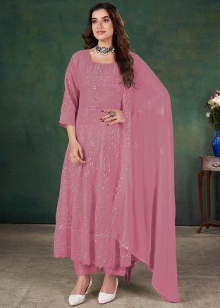 Pink Embroidered Anarkali Salwar Suit In Georgette