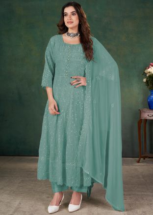 Sea Green Embroidered Salwar Suit Set In Georgette