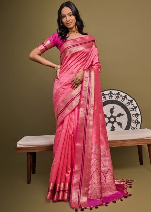 Pink Zari Woven Saree In Art Silk