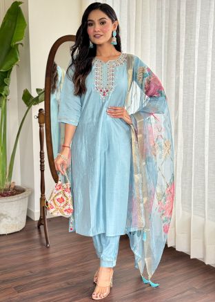 Blue Embellished Viscose Readymade Pant Suit Set