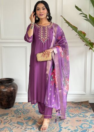 Purple Embellished Viscose Readymade Pant Suit Set