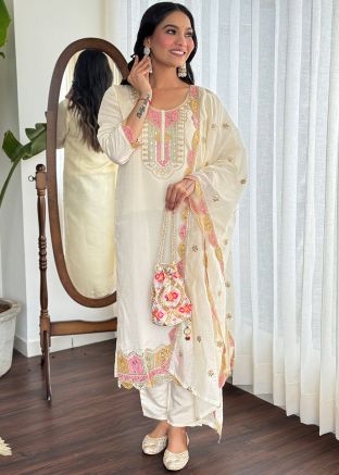 Cream Embroidered Viscose Readymade Pant Suit