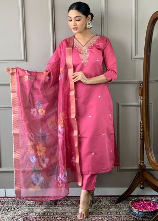 Pink Readymade Embroidered Viscose Pant Suit