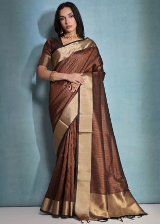 Brown Zari Woven Saree In Art Silk