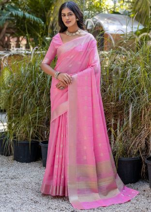 Pink Zari Woven Saree In Cotton