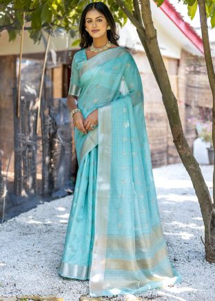 Blue Zari Woven Saree In Cotton
