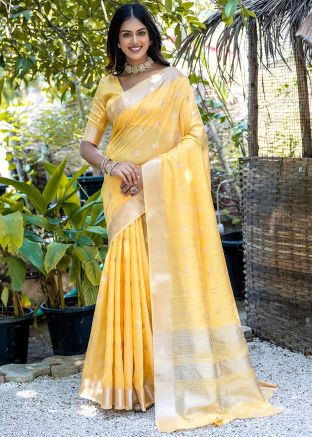 Yellow Zari Woven Saree In Cotton