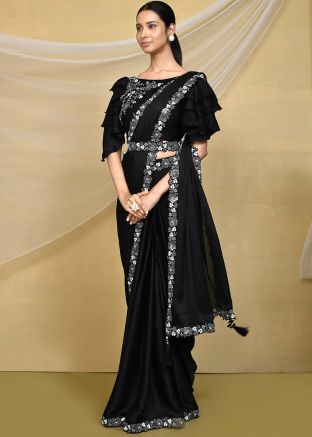 Black Satin Silk Readymade Embroidered Saree 