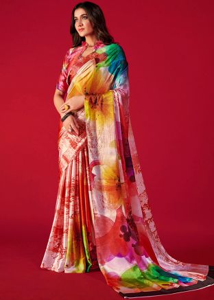 Multicolor Digital Printed Saree In Satin