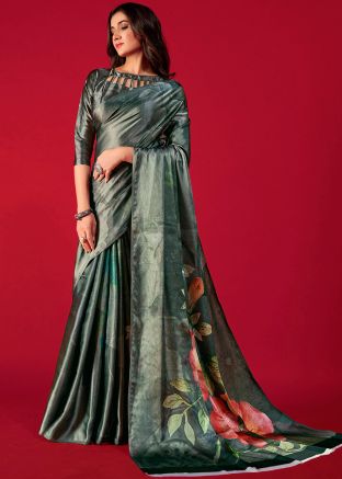 Grey Digital Printed Saree In Satin
