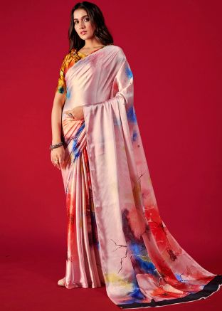 Multicolor Digital Printed Saree In Satin