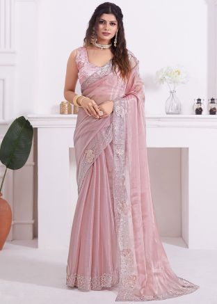 Dusty Pink Embellished Border Saree & Blouse